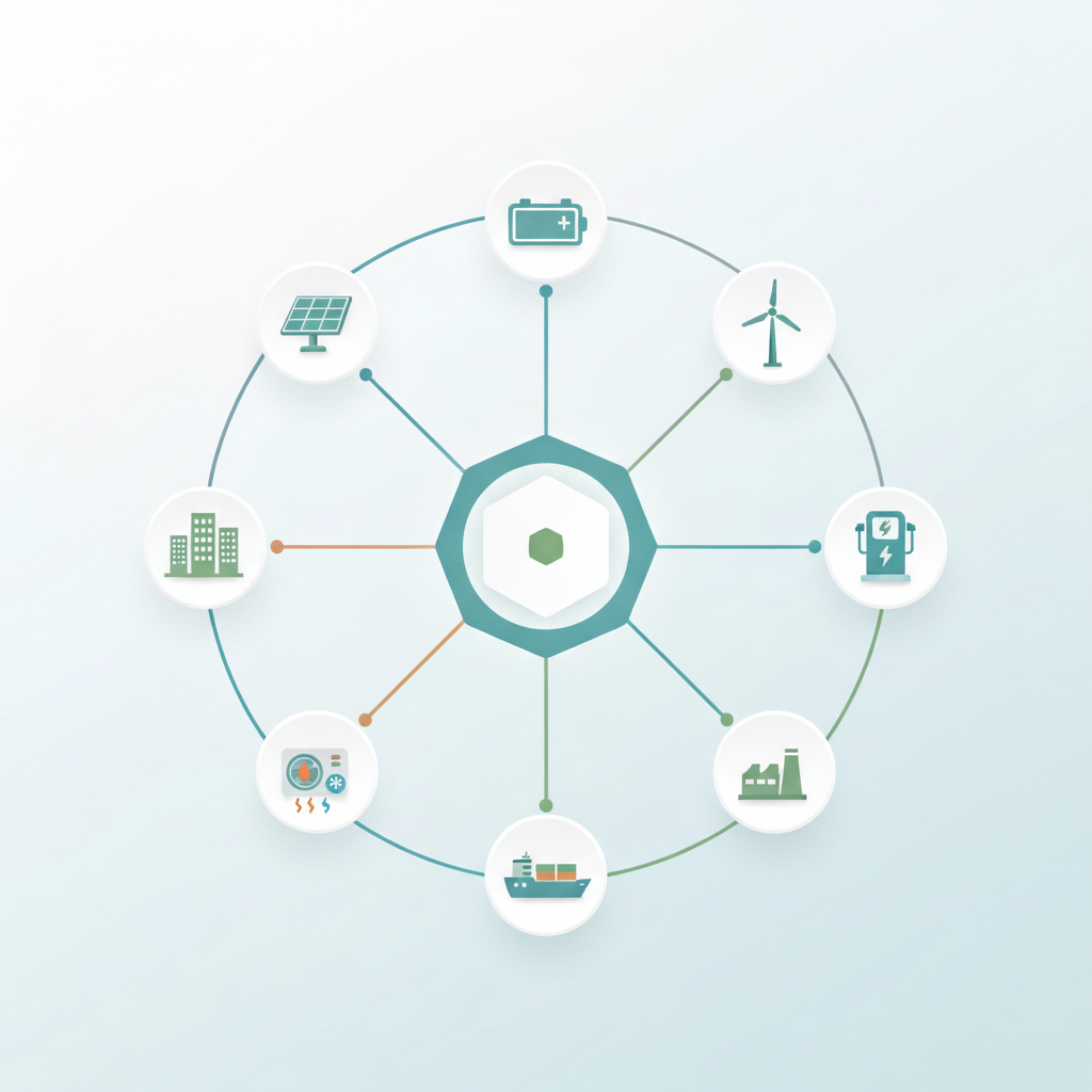 Symbolic diagram of an interconnected multi-vector energy system: solar, battery, wind, EV charging, buildings, shipping, heat pump and clean power generation connected around a central optimization hub — AI-generated illustration