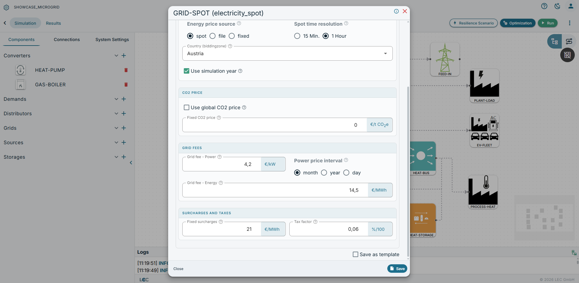 ENERsim-Dialog eines Spotmarkt-Netzanschlusses mit Gebotszone, CO₂-Preis, Leistungs- und Arbeitspreis der Netzentgelte, Abgaben und Steuerfaktor
