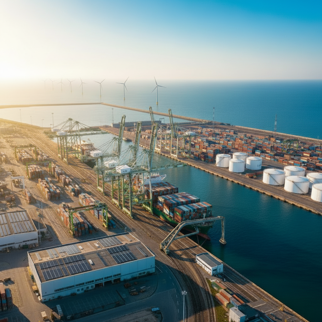 Aerial view of a container port with a docked container ship, rooftop solar panels on a warehouse, fuel storage tanks and offshore wind turbines, representing low-carbon operation — AI-generated illustration