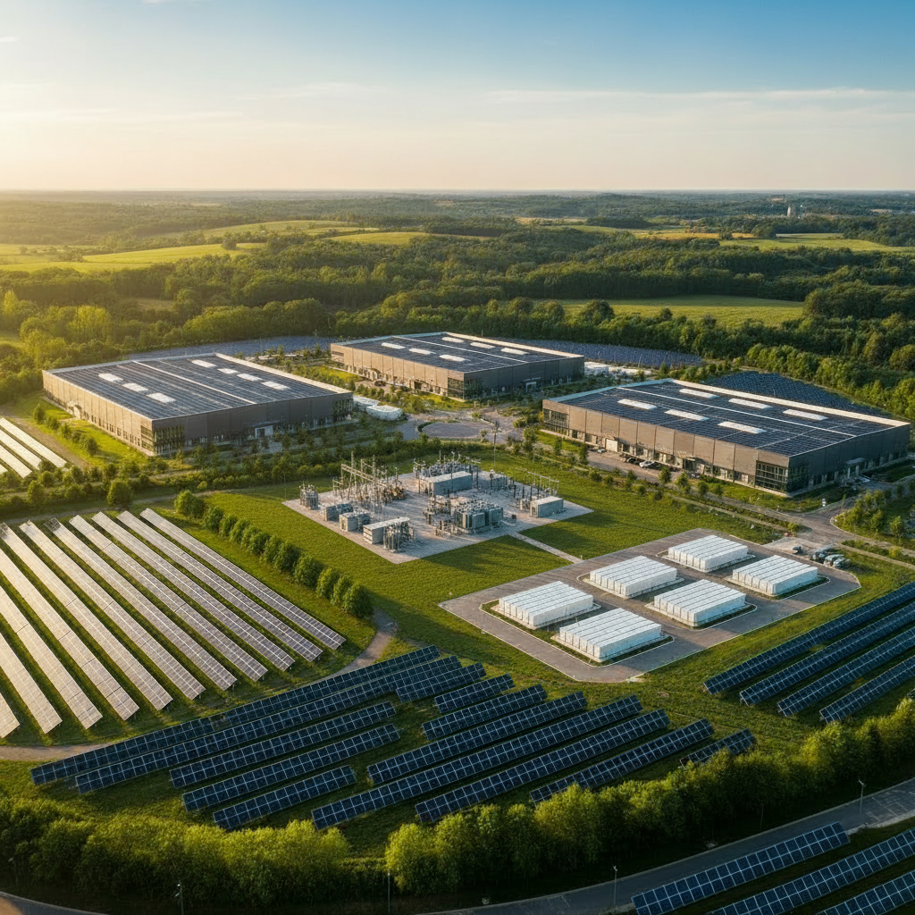 Industrial complex with rooftop and ground-mounted solar panels, battery storage and a compact substation set in a green landscape, representing cost optimization — AI-generated illustration