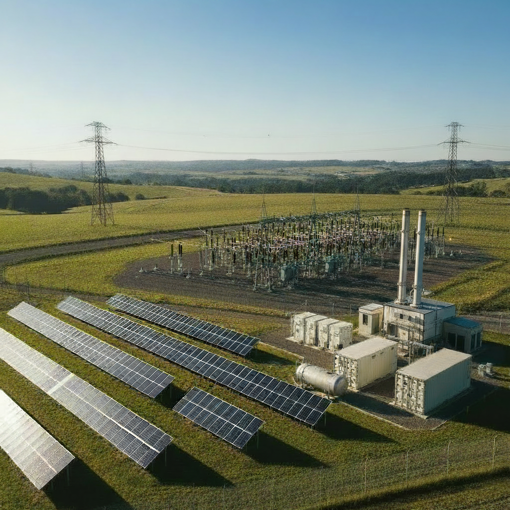 Power grid substation with solar panels, battery storage, backup power-plant stacks and a fuel tank in the foreground, representing resilient energy supply — AI-generated illustration