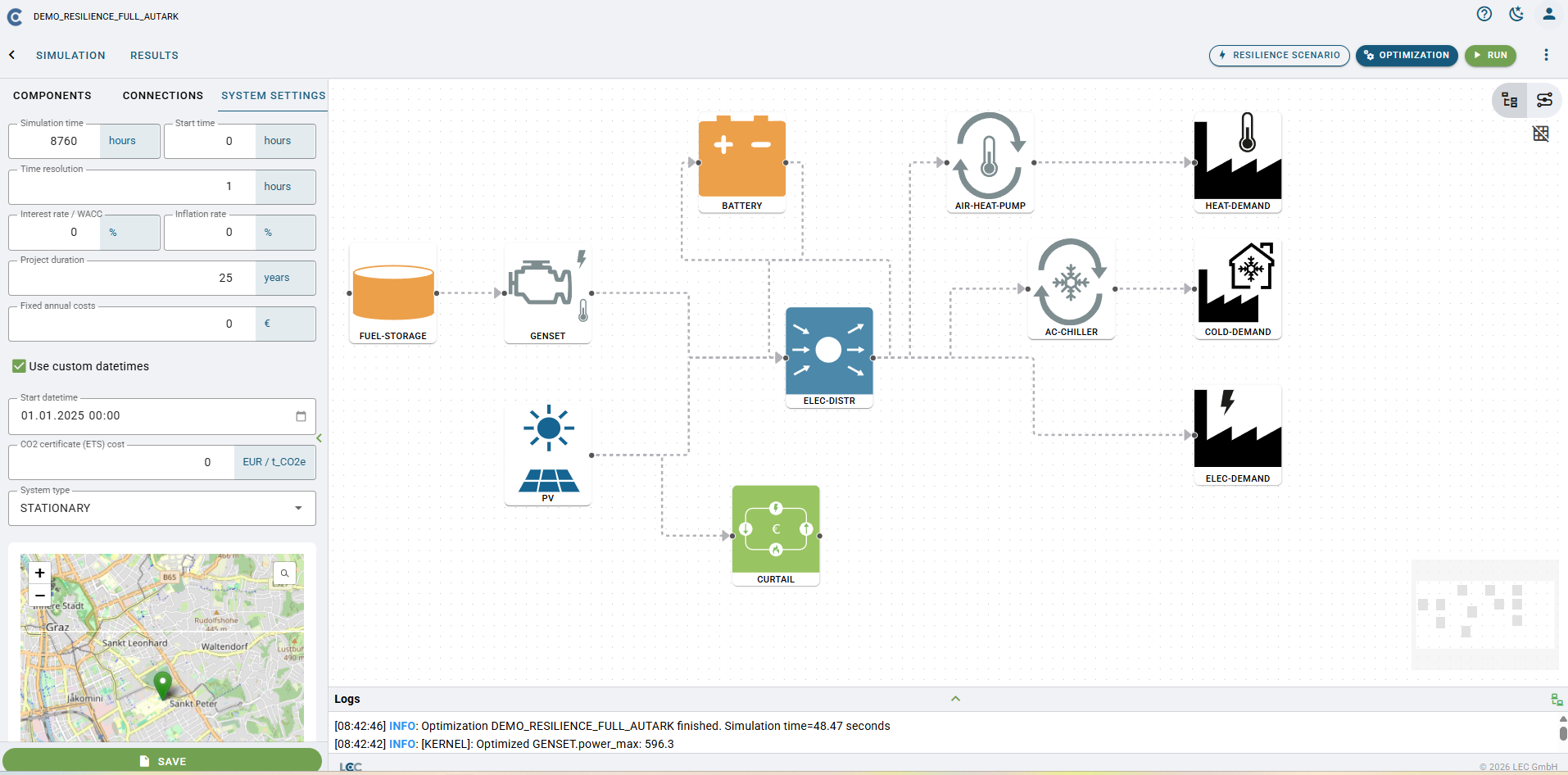 ENERsim system builder canvas showing connected components — PV, battery, genset, heat pump and chiller — for a resilient energy system