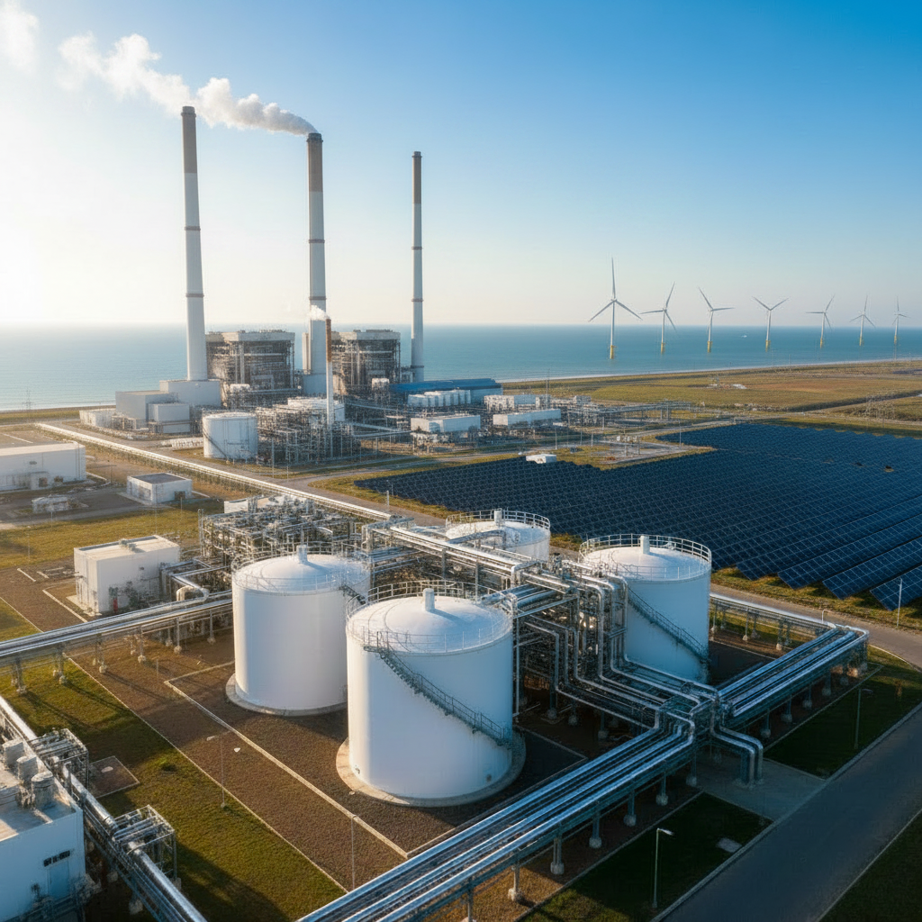 Large-scale coastal power plant with multiple stacks, fuel storage tanks, a solar field and offshore wind turbines — AI-generated illustration
