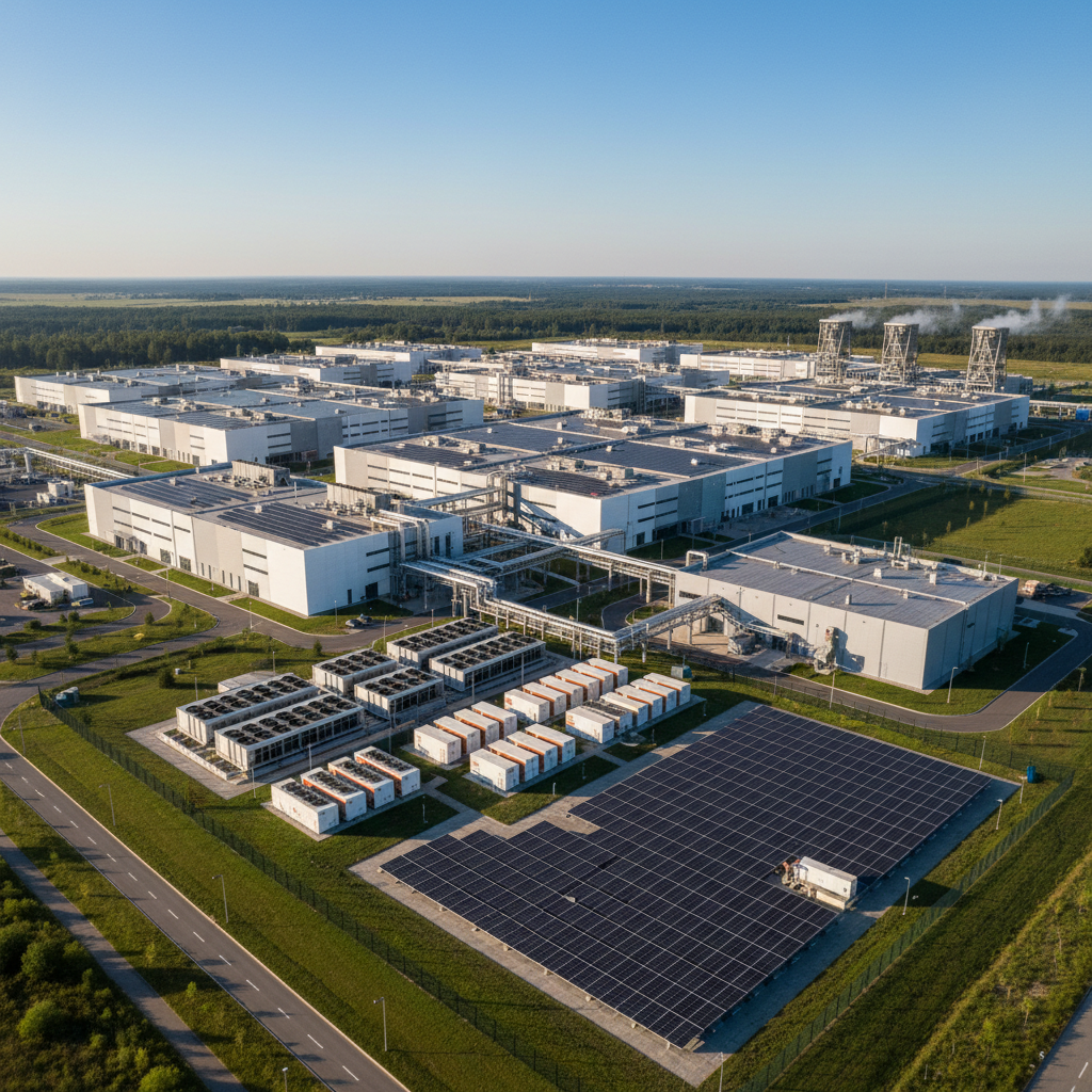 Critical infrastructure campus with a resilient multi-vector energy system: solar power, battery backup, cooling towers and heat-recovery piping — AI-generated illustration