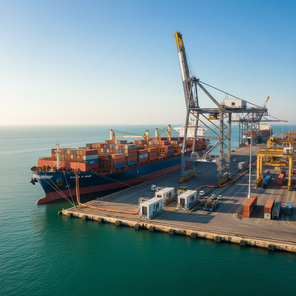 Container ship docked at a port terminal served by ship-to-shore gantry cranes, with containerized shore-power units on the quay — AI-generated illustration