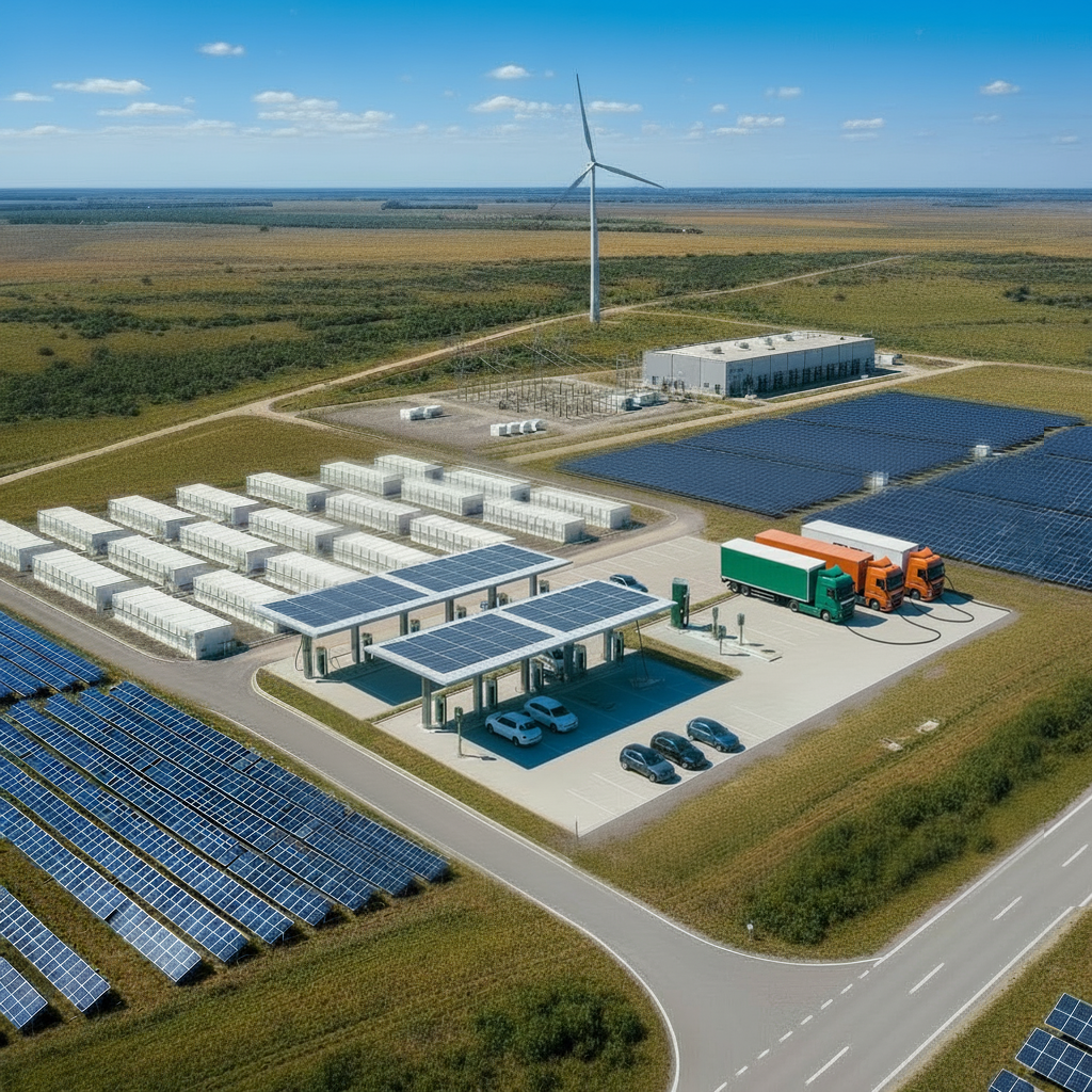 Battery storage and renewables balancing a flexible microgrid, with an EV charging hub for passenger cars and heavy-duty trucks plugged into dedicated charging columns — AI-generated illustration